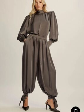 Womens High-Neck Satin Harem Jumpsuit in Charcoal Gray